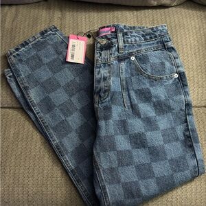Edikted Blue Checkered Straight Leg Jeans